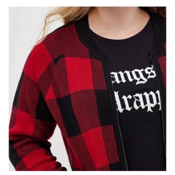 TORRID Cardigan Zip Bomber Sweater Buffalo Plaid Red Black Preppy Academia NEW - Picture 4 of 12